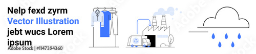 Text and illustrations of a person hanging clothes, a factory, a van, and rain clouds. Ideal for sustainability, manufacturing, logistics, pollution, climate change transportation and environmental
