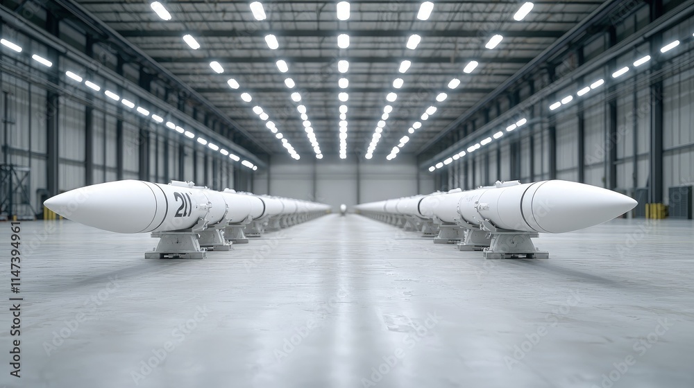 Rows of white missiles in a large warehouse. Rows of white missiles in a large warehouse.