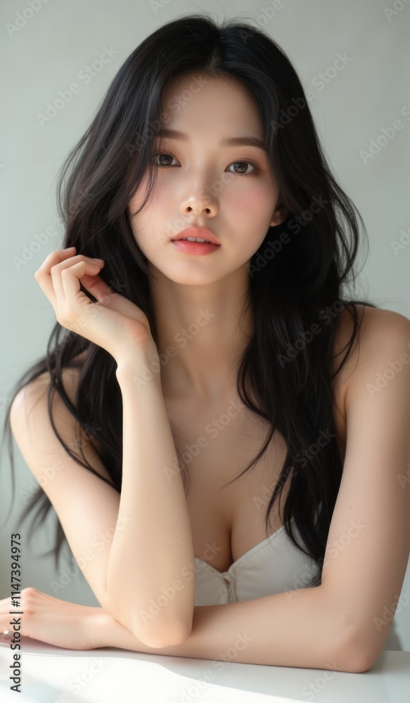 Close-up shot of a young Asian woman with luminous skin, emphasizing realistic pores and natural beauty, her voluminous hair cascading over her shoulders as she poses confidently at a clean, white tab Close-up shot of a young Asian woman with luminous skin, emphasizing realistic pores and natural beauty, her voluminous hair cascading over her shoulders as she poses confidently at a clean, white tab