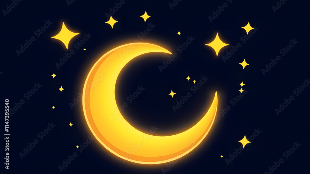 crescent moon with exaggerated curves and sparkling stars in a cartoon animation style crescent moon with exaggerated curves and sparkling stars in a cartoon animation style