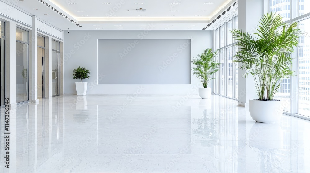 Modern bright empty office lobby with large windows and plants.