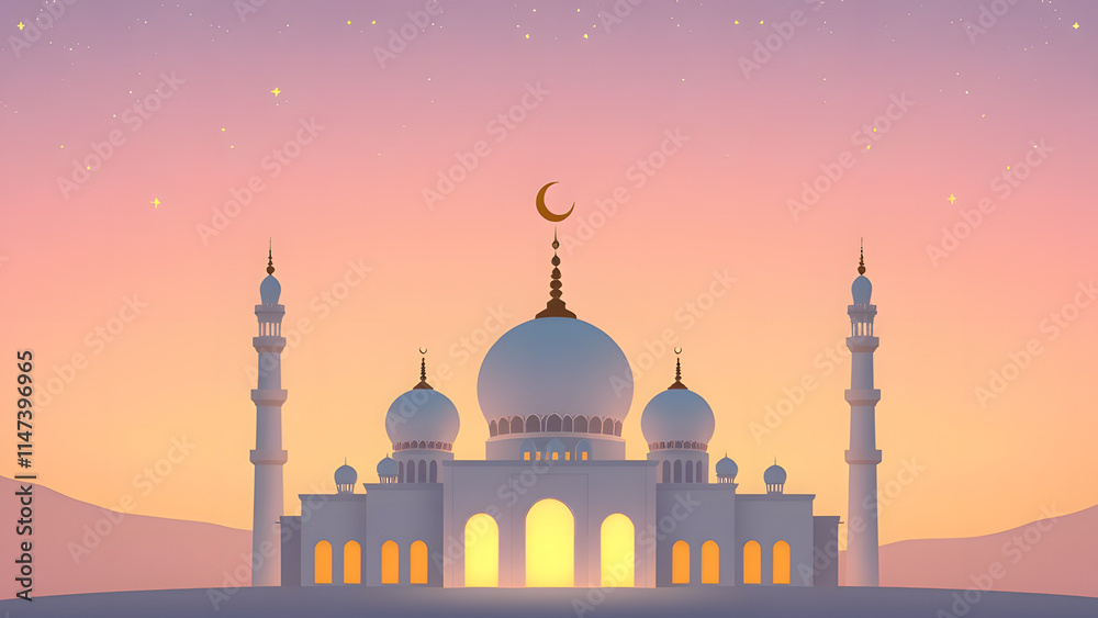 Obraz premium Adorable mosque shape glowing softly against a pastel gradient sky, with twinkling cartoon stars above