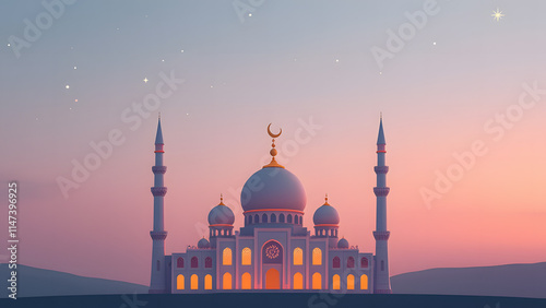 Wallpaper Mural Adorable mosque shape glowing softly against a pastel gradient sky, with twinkling cartoon stars above Torontodigital.ca