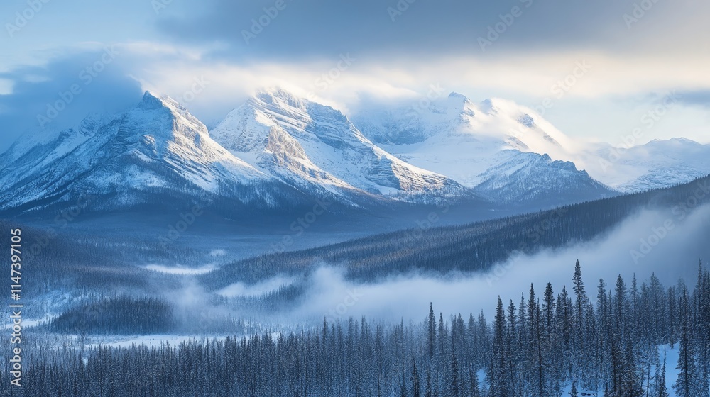 Snow-covered mountains under a cloudy sky with a forest in the foreground. Snow-covered mountains under a cloudy sky with a forest in the foreground.