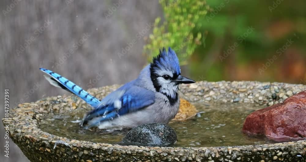 Closeup of bluejay bird as it splashes water while taking a bath in backyard birdbath, and a robin landing. Handheld and slow motion clip.