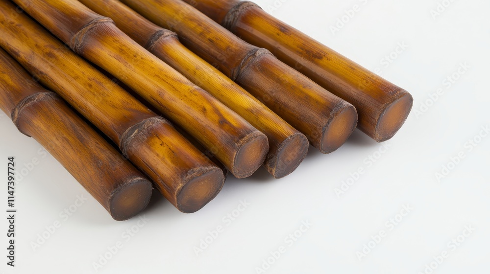 A close-up view of several bamboo sticks arranged in parallel, showcasing their natural texture and color against a white background. A close-up view of several bamboo sticks arranged in parallel, showcasing their natural texture and color against a white background.