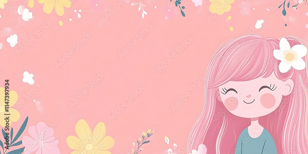 Happy Girl with Pink Hair and Floral Design Happy Girl with Pink Hair and Floral Design