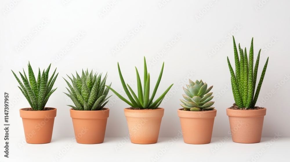 Obraz premium A row of potted succulents showcases various green plants in terracotta pots, adding a fresh, natural aesthetic to the space.