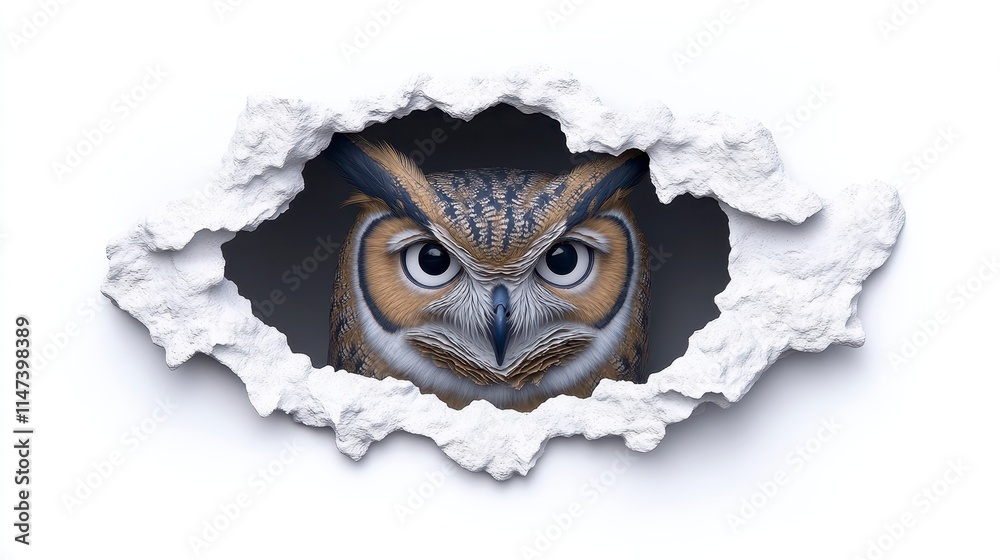 Naklejka premium A striking owl peers through a textured, cracked surface, showcasing its intense eyes and intricate feathers against a dark background.