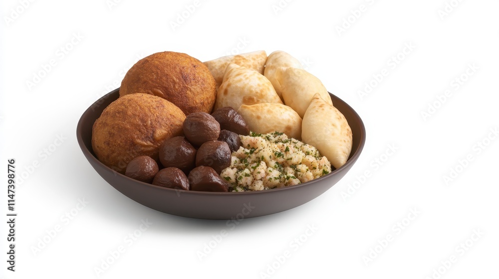 A bowl filled with various delicious fried snacks, including golden-brown balls and savory dumplings, served with olives and a side of flavorful grain. A bowl filled with various delicious fried snacks, including golden-brown balls and savory dumplings, served with olives and a side of flavorful grain.