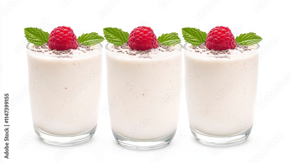 Three creamy desserts topped with raspberries and mint, served in clear glasses, showcasing a refreshing and indulgent treat. Three creamy desserts topped with raspberries and mint, served in clear glasses, showcasing a refreshing and indulgent treat.