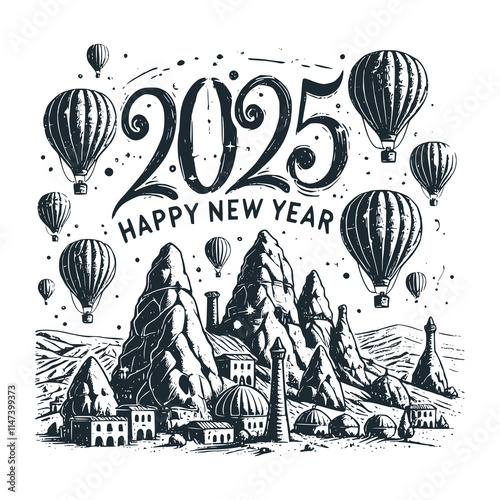 The Cappadocia. 2025 happy new year. Black white logo icon vector isolated. 