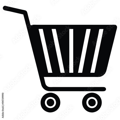 A flat-view of a shopping cart showing its sleek metal frame, wire basket, and sturdy wheels, designed for simplicity and functionality in retail environments.