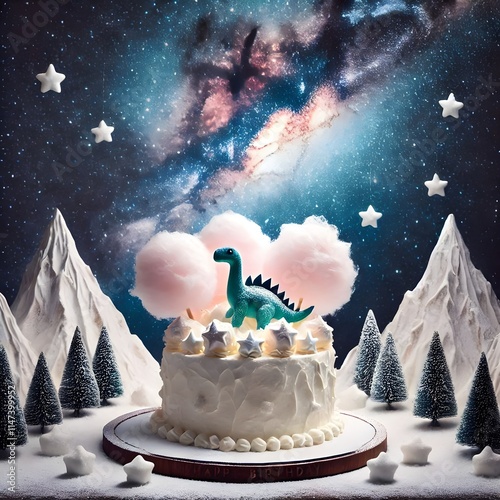 tingnowy mountain, milky waa whimsical birthday cake, with cute dinosaur cotton candy on top, in a miniature sy background, cinematic ligh (4)_Nero AI_Photo photo