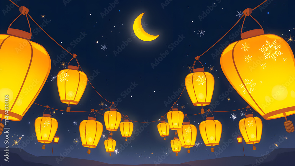 Naklejka premium Cartoon glowing lanterns with sparkly light rays, placed symmetrically in a night sky with a cresc 