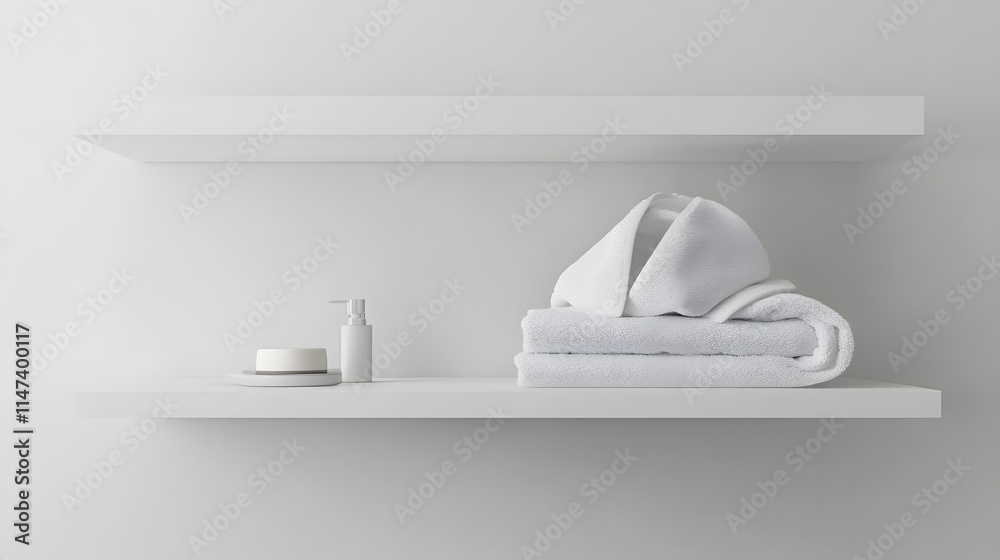 Minimalist bathroom shelves displaying white towels and skincare products in a serene modern space Minimalist bathroom shelves displaying white towels and skincare products in a serene modern space