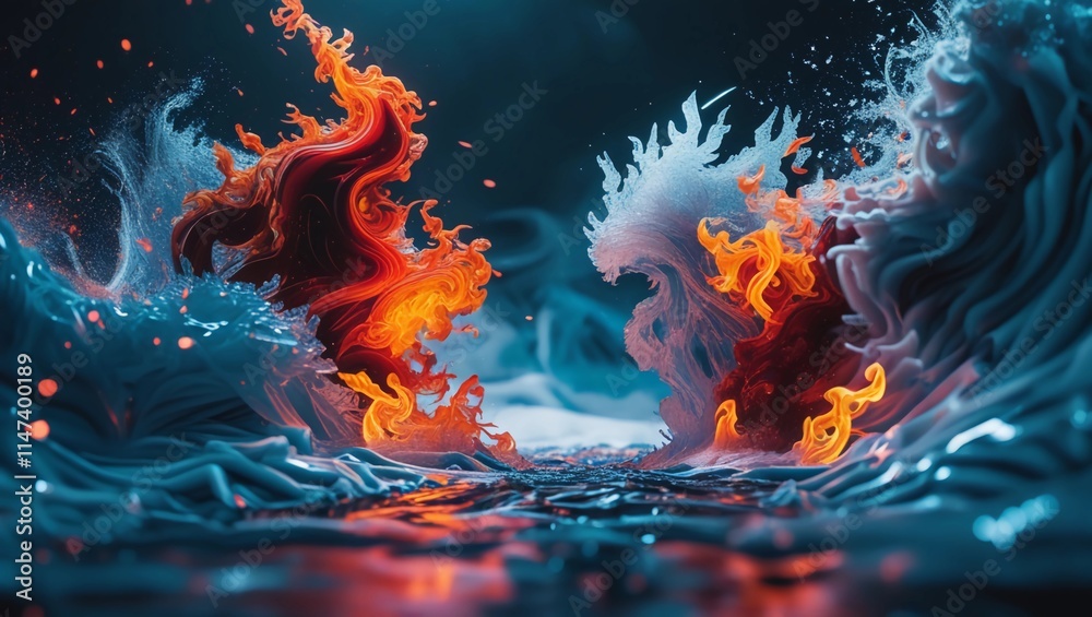 Abstract Fire and Ice element against (vs) each other background. Heat and Cold concept Abstract Fire and Ice element against (vs) each other background. Heat and Cold concept