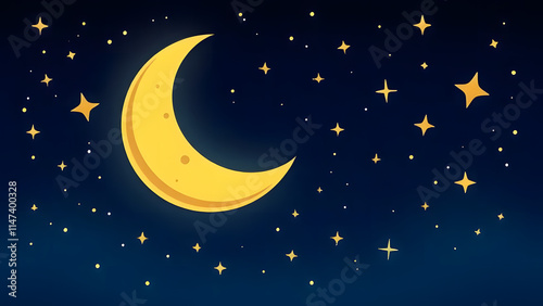 Cartoon-style crescent moon surrounded by star clusters and light sparkles in a whimsical night setting  photo