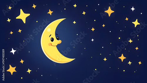 Cartoon-style crescent moon surrounded by star clusters and light sparkles in a whimsical night setting  photo