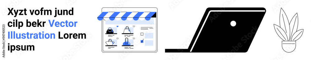 Digital store interface with multiple product icons, black laptop, potted plant. Ideal for e-commerce, online business, digital marketing, web design, retail technology modern lifestyle. Landing Digital store interface with multiple product icons, black laptop, potted plant. Ideal for e-commerce, online business, digital marketing, web design, retail technology modern lifestyle. Landing