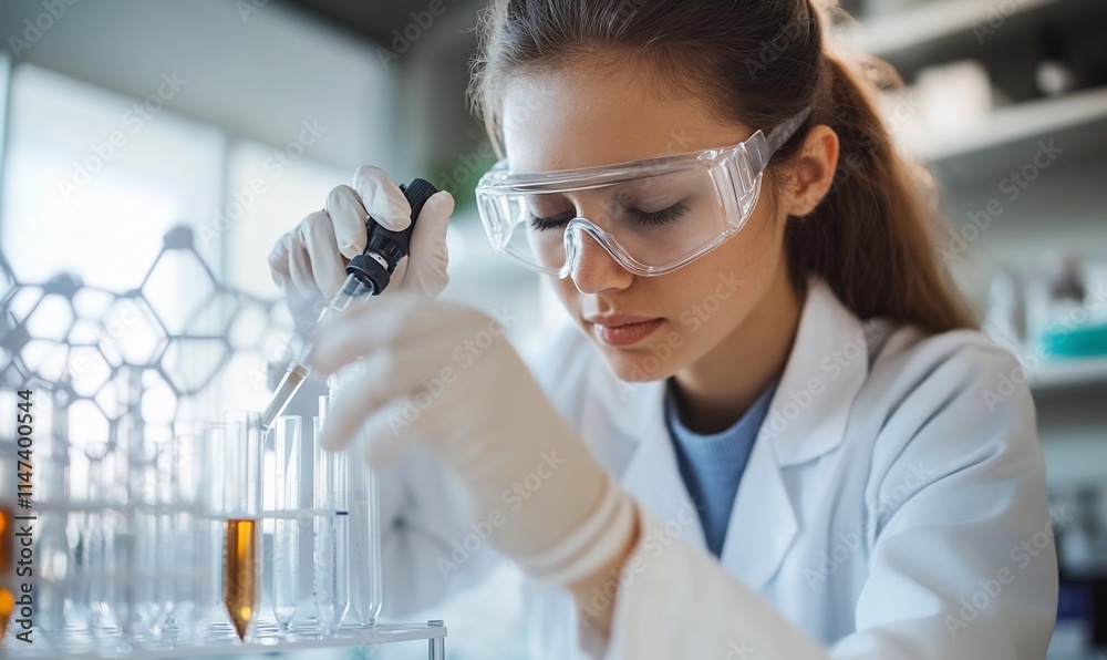 Focused female scientist using pipette in lab.