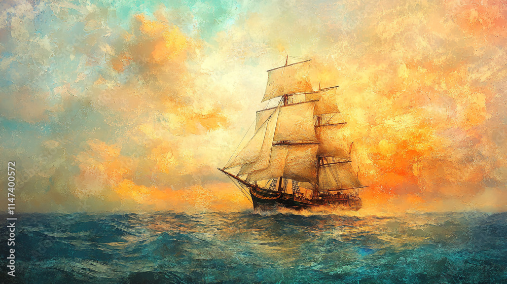 Fototapeta premium Old ship sailing through a vibrant sunset over calm waters. 