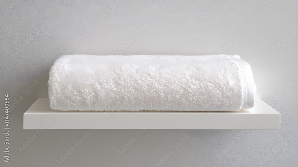 Obraz premium Elegant white towel display on minimalist shelf modern bathroom still life photography clean and serene environment