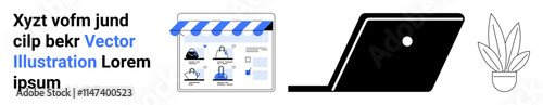 Digital store interface with multiple product icons, black laptop, potted plant. Ideal for e-commerce, online business, digital marketing, web design, retail technology modern lifestyle. Landing