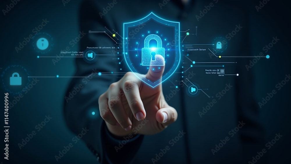 hand with one finger pointing touching a cyber security and data protection virtual shield on the internet. Cybersecurity technology hand with one finger pointing touching a cyber security and data protection virtual shield on the internet. Cybersecurity technology