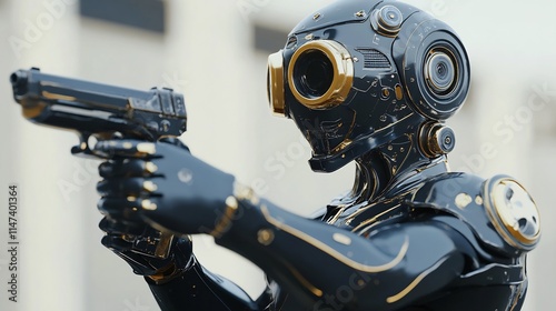 Futuristic Robot Aiming a Handgun, Cyberpunk Style photo