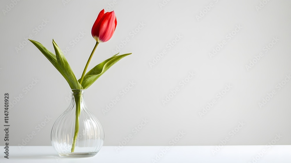 Elegant red tulip in a clear vase minimalist indoor setting floral photography soft lighting modern aesthetics Elegant red tulip in a clear vase minimalist indoor setting floral photography soft lighting modern aesthetics