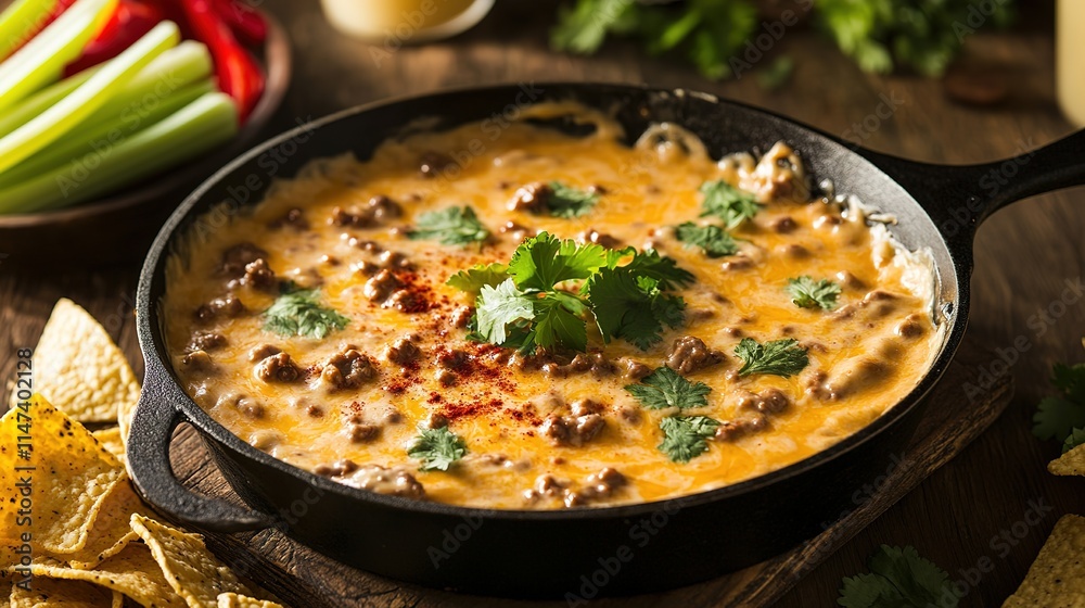 Smoked Queso Dip with Ground Beef and Fresh Cilantro in a Cast-Iron Skillet Smoked Queso Dip with Ground Beef and Fresh Cilantro in a Cast-Iron Skillet