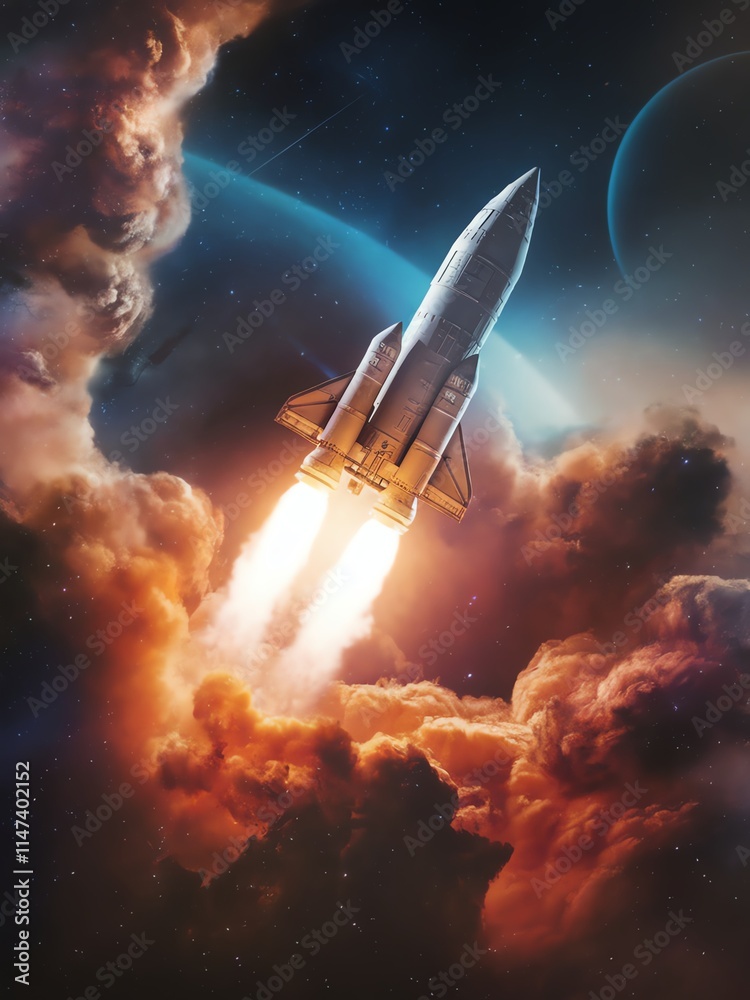 Fototapeta premium A powerful rocket launching into space, surrounded by clouds and planets.