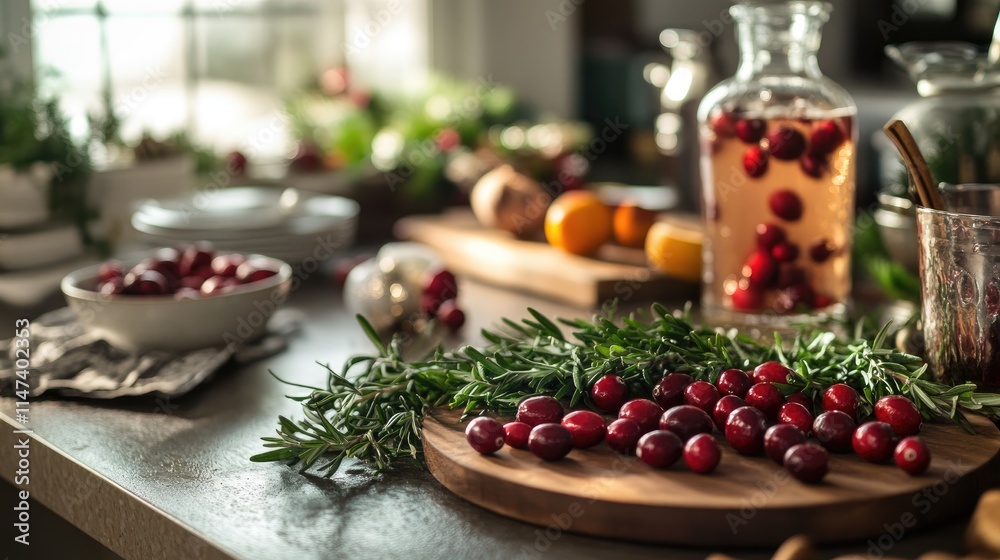 Fresh cranberries and rosemary sprigs on a wooden board, with a glass decanter of cranberry juice and other ingredients in the background. Fresh cranberries and rosemary sprigs on a wooden board, with a glass decanter of cranberry juice and other ingredients in the background.