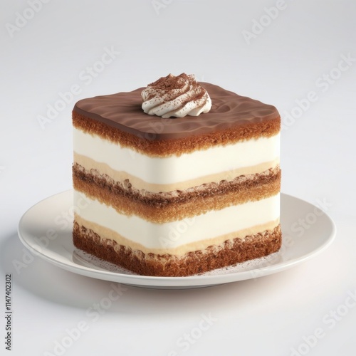 A square slice of layered tiramisu cake with alternating chocolate and cream tiers, topped with a swirl of whipped cream dusted with cocoa on a white plate. Generative, AI,