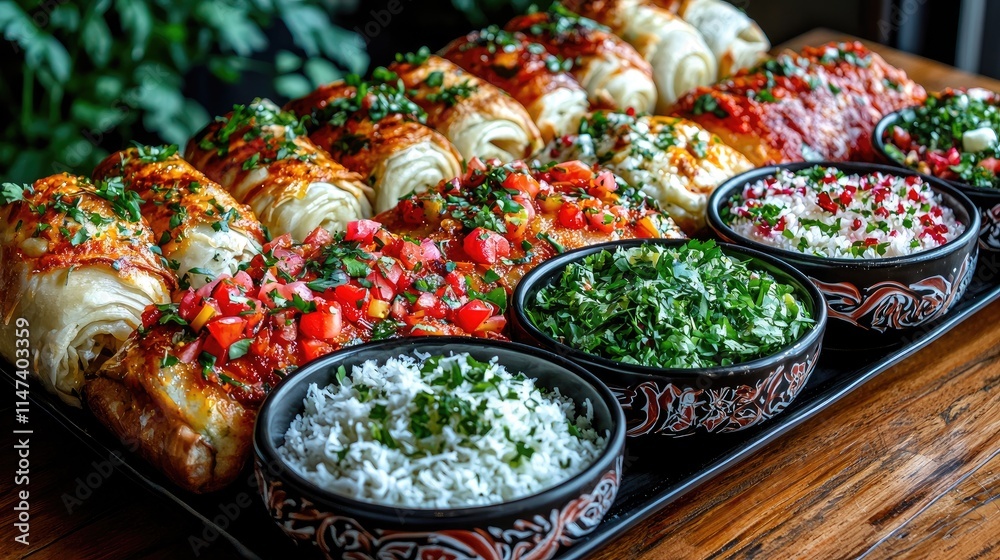 Delicious baked rolls with various colorful sauces and rice. Delicious baked rolls with various colorful sauces and rice.
