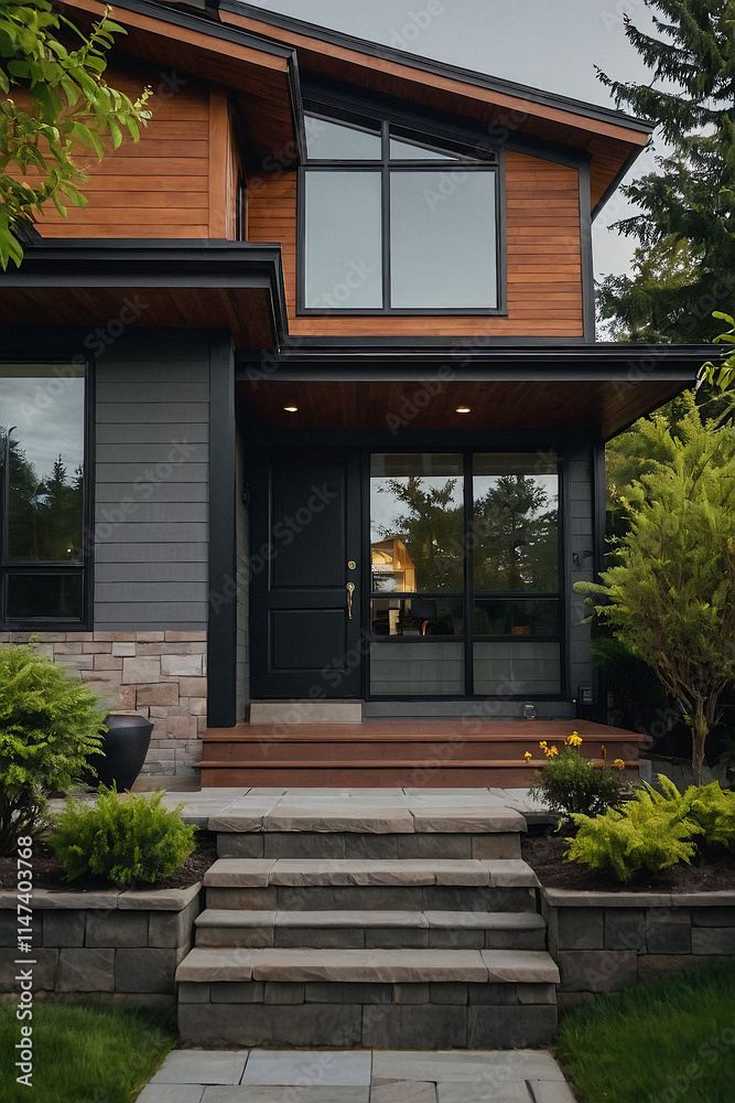 Obraz premium Modern Residence Exterior with Wood and Stone Accents