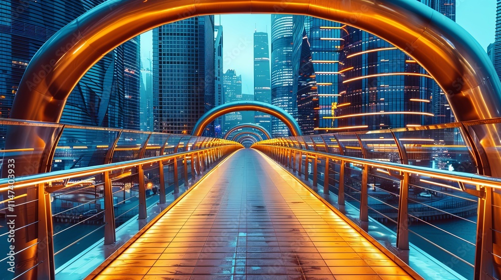 Illuminated Pedestrian Bridge Arching Over a Modern Cityscape at Night Illuminated Pedestrian Bridge Arching Over a Modern Cityscape at Night