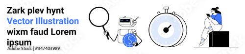 Robot wields magnifying glass examining dollar sign, large stopwatch representing time, individual seated reading a smart device. Ideal for technology, finance, investigation, time management