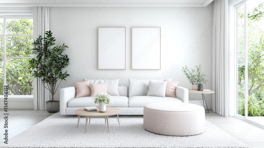 Minimalist living room with white sofa, two empty frames, and pastel accents. Minimalist living room with white sofa, two empty frames, and pastel accents.