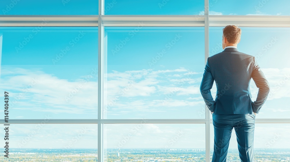 Businessman looking out panoramic window at cityscape.