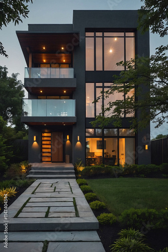 A three-story modern home with dark exterior walls, large windows, and two balconies.  The house is illuminated at night, showing warm interior light. A stone pathway leads from the street to the entr photo