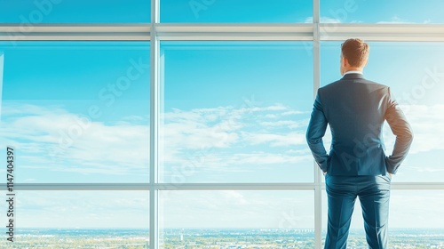Free Download Businessman looking out panoramic window at cityscape. - GFXLoad