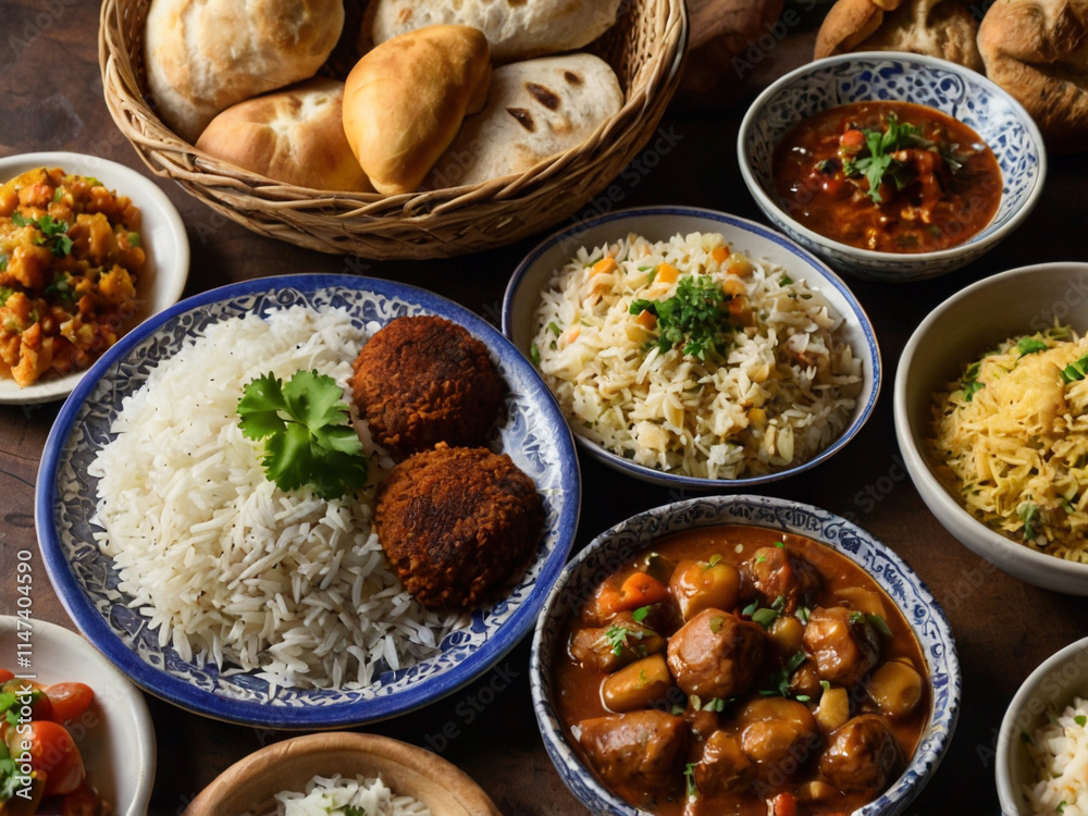 A variety of Middle Eastern or Mediterranean dishes including rice, stews, fried foods, and breads on a table A variety of Middle Eastern or Mediterranean dishes including rice, stews, fried foods, and breads on a table