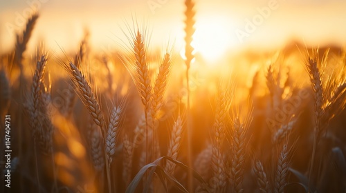 Golden wheat field at sunset with a gentle, warm glow from the sun. photo