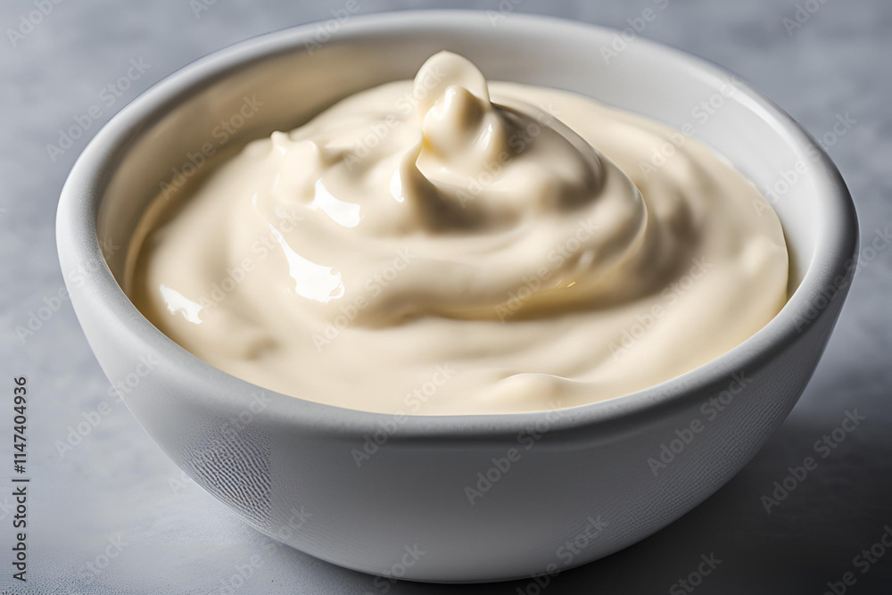 Close-up of creamy garlic mayonnaise sauce in a small bowl, with a smooth texture and light golden color, set on a dark empty table with no other elements.
Close-up of creamy garlic mayonnaise sauce in a small bowl, with a smooth texture and light golden color, set on a dark empty table with no other elements.