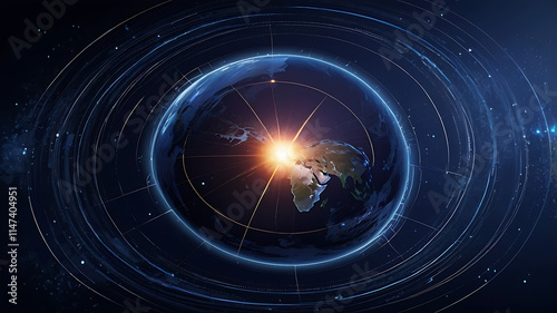 Dark blue vector background. Planet Earth. Abstract technological rings in the orbit of the planet. Global communication system and communication satellites. Religious image. The effect of movement.