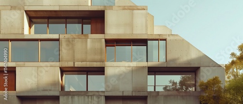 A section of a Brutalist building featuring exposed concrete and geometric, recessed windows. The raw texture of the concrete contrasts with the clean lines of the design.