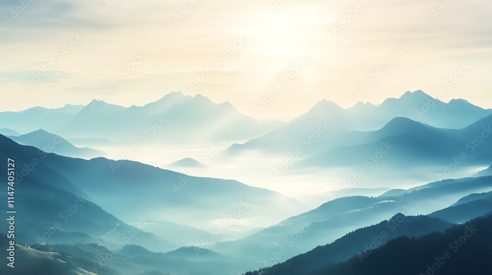 Fototapeta premium Majestic mountain range under soft morning light, enveloped by serene mist and tranquil sky.