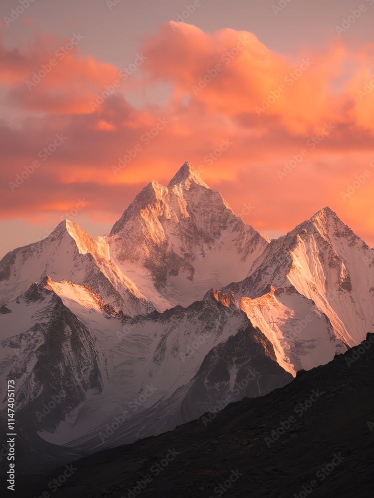 Majestic mountains glowing at sunset, under vibrant pink and orange clouds. Majestic mountains glowing at sunset, under vibrant pink and orange clouds.